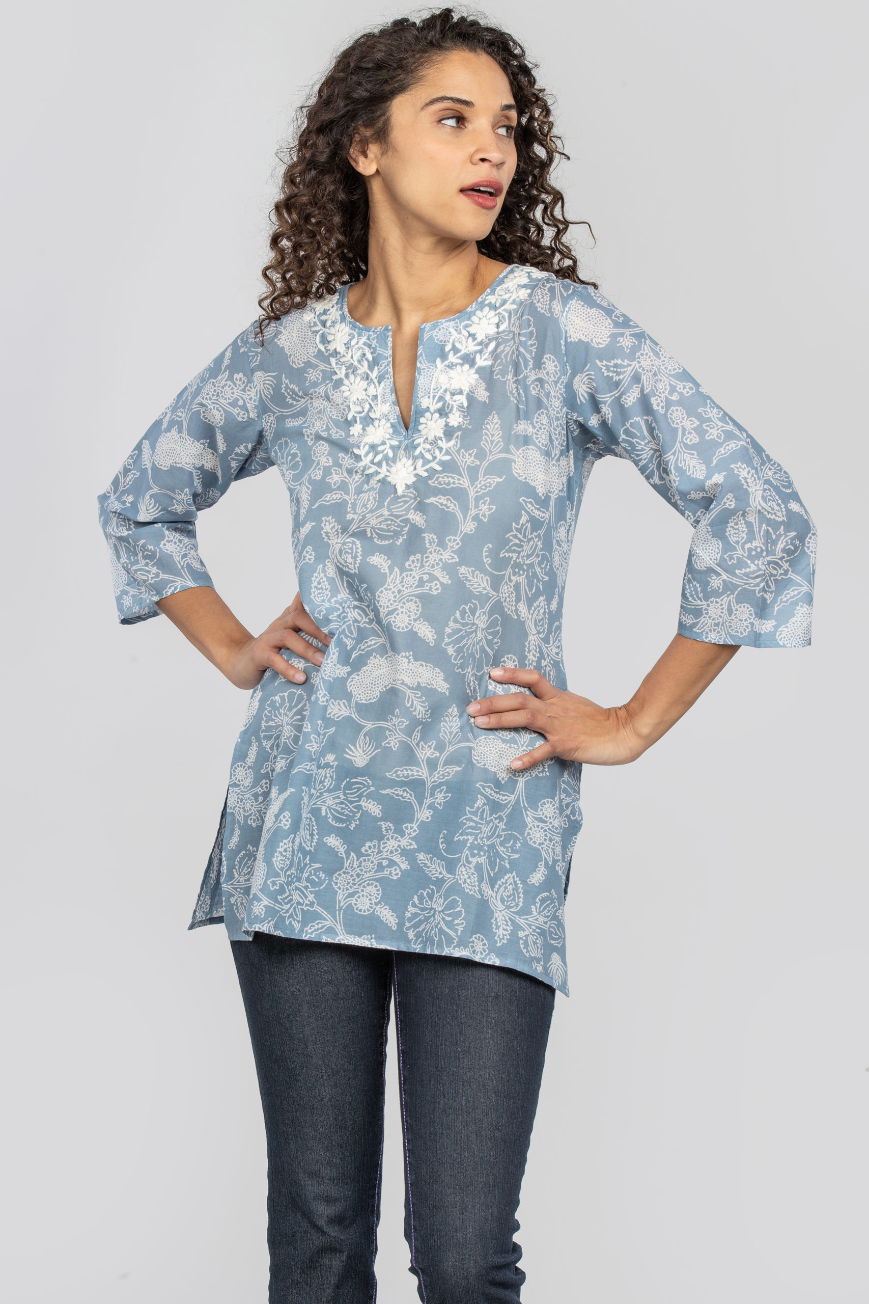 Elle Blue Cotton Tunic - Amaya Textiles