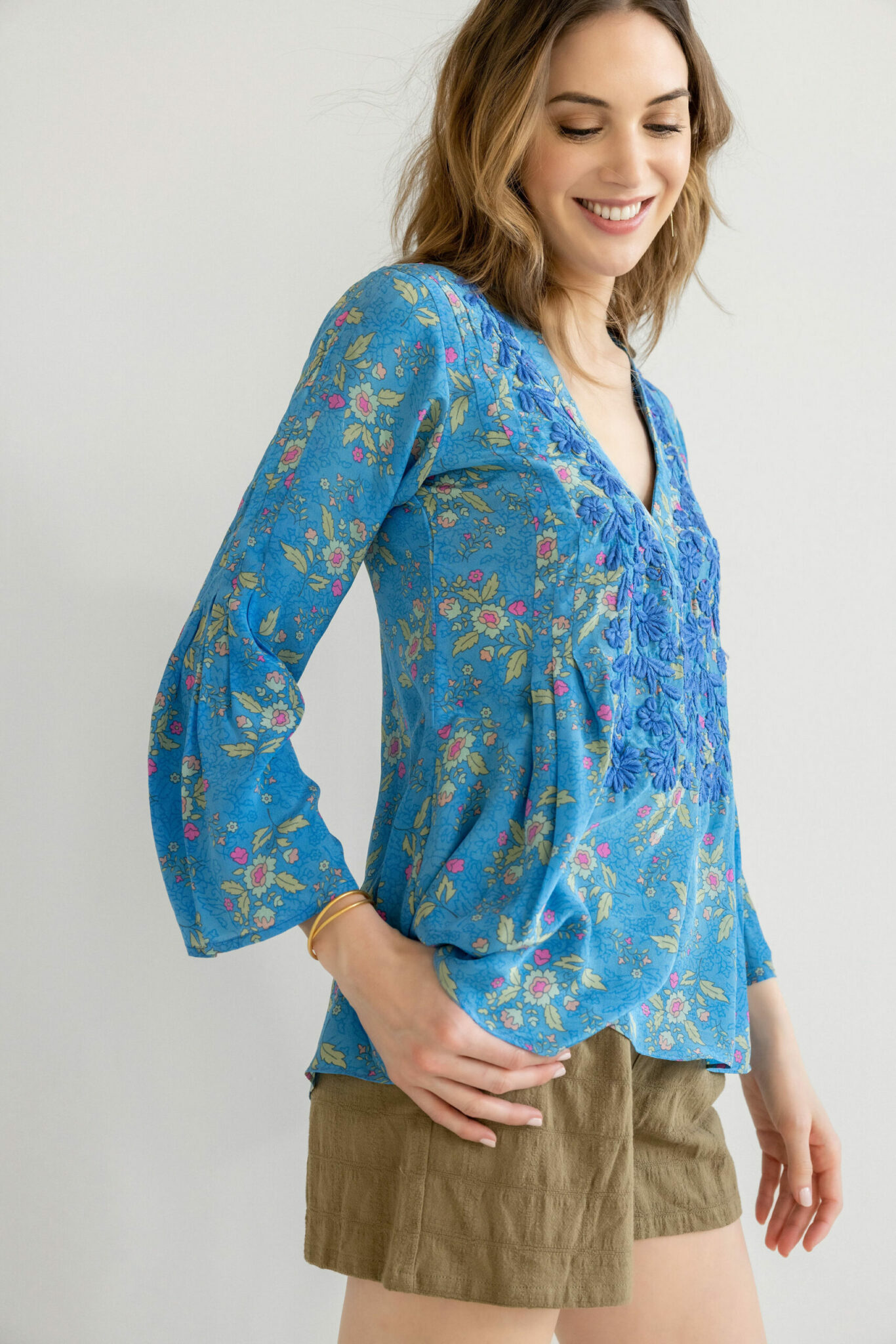 Sheila Blue Silk Crepe Pin Tuck Shirt Amaya Textiles