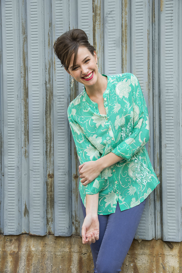 Jocelyn Green Silk Crepe Button Front Shirt - Amaya Textiles