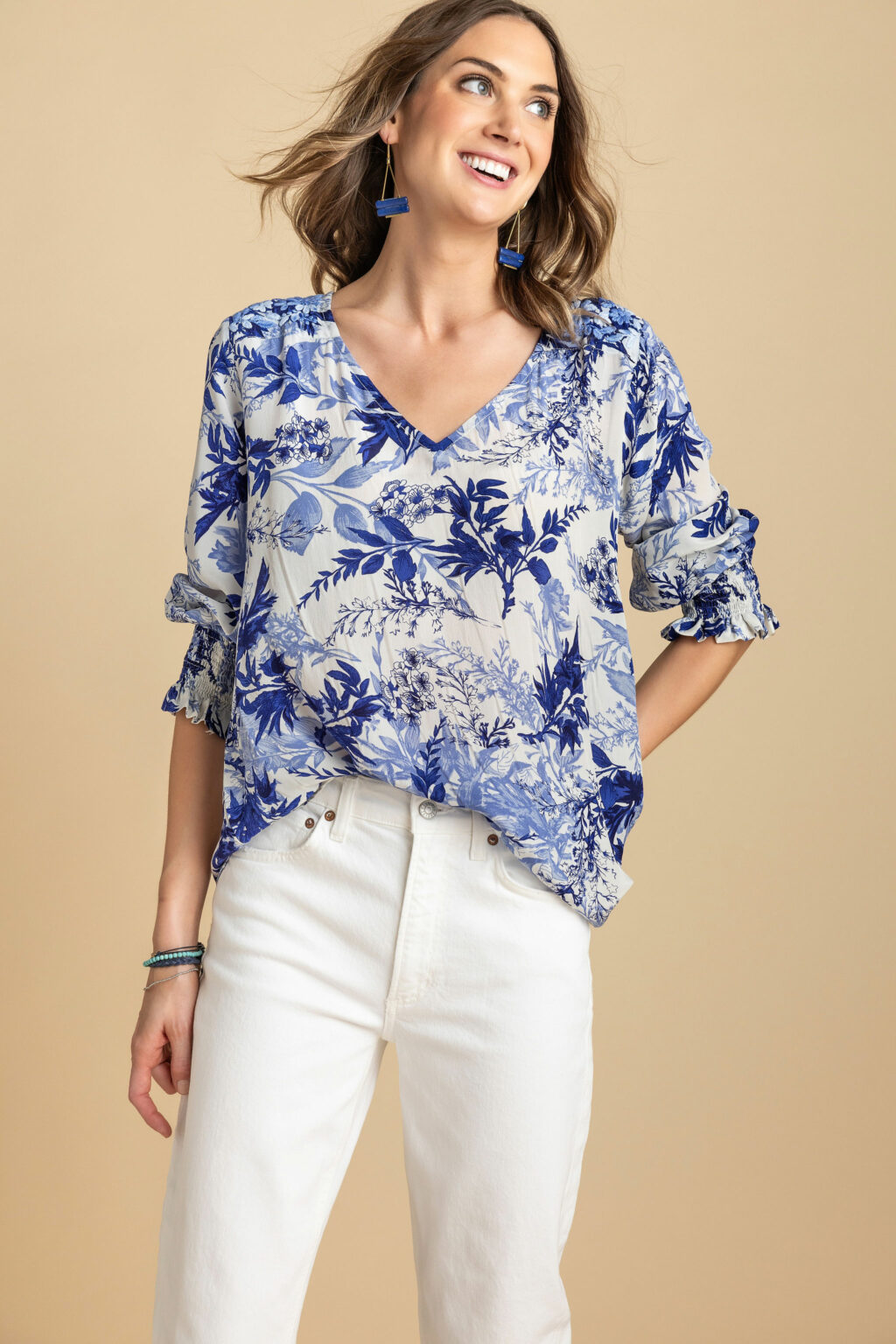 Angelica Blue and White Silk Top - Amaya Textiles